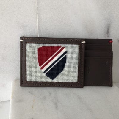 A picture of the back side of a wallet.