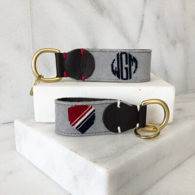 Two key chains with a red, white and blue design.