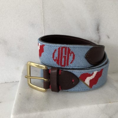 A belt with a red and white pattern on it.