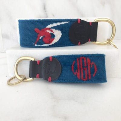A pair of key chains with the initials monogrammed on them.