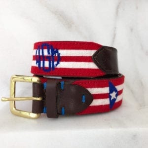 A red, white and blue belt with the letter e on it.