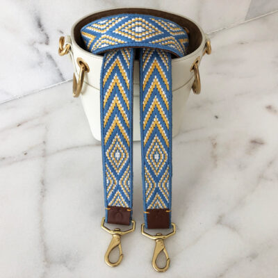 A blue and yellow strap with gold accents.
