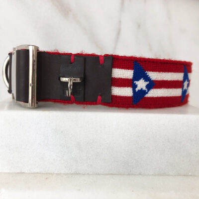 A red, white and blue dog collar with a black buckle.