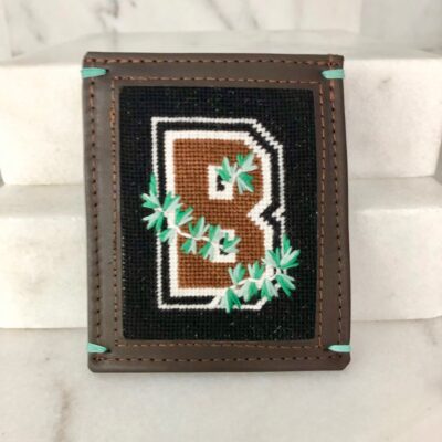 A brown and black wallet with the letter b